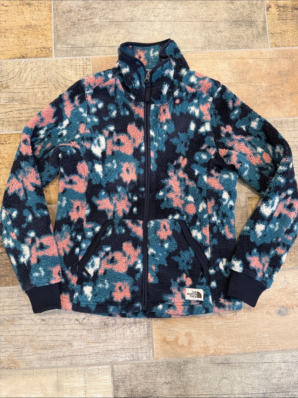 The North Face Womens Zip Up Fleece Jacket - Blue, Coral & White Pattern Small S